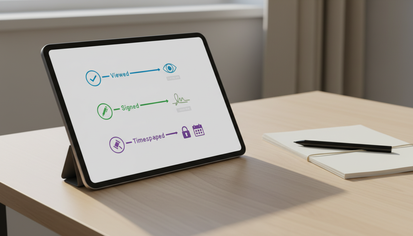 A digital document timeline showing viewed, signed, and timestamped events in an e-signature audit trail