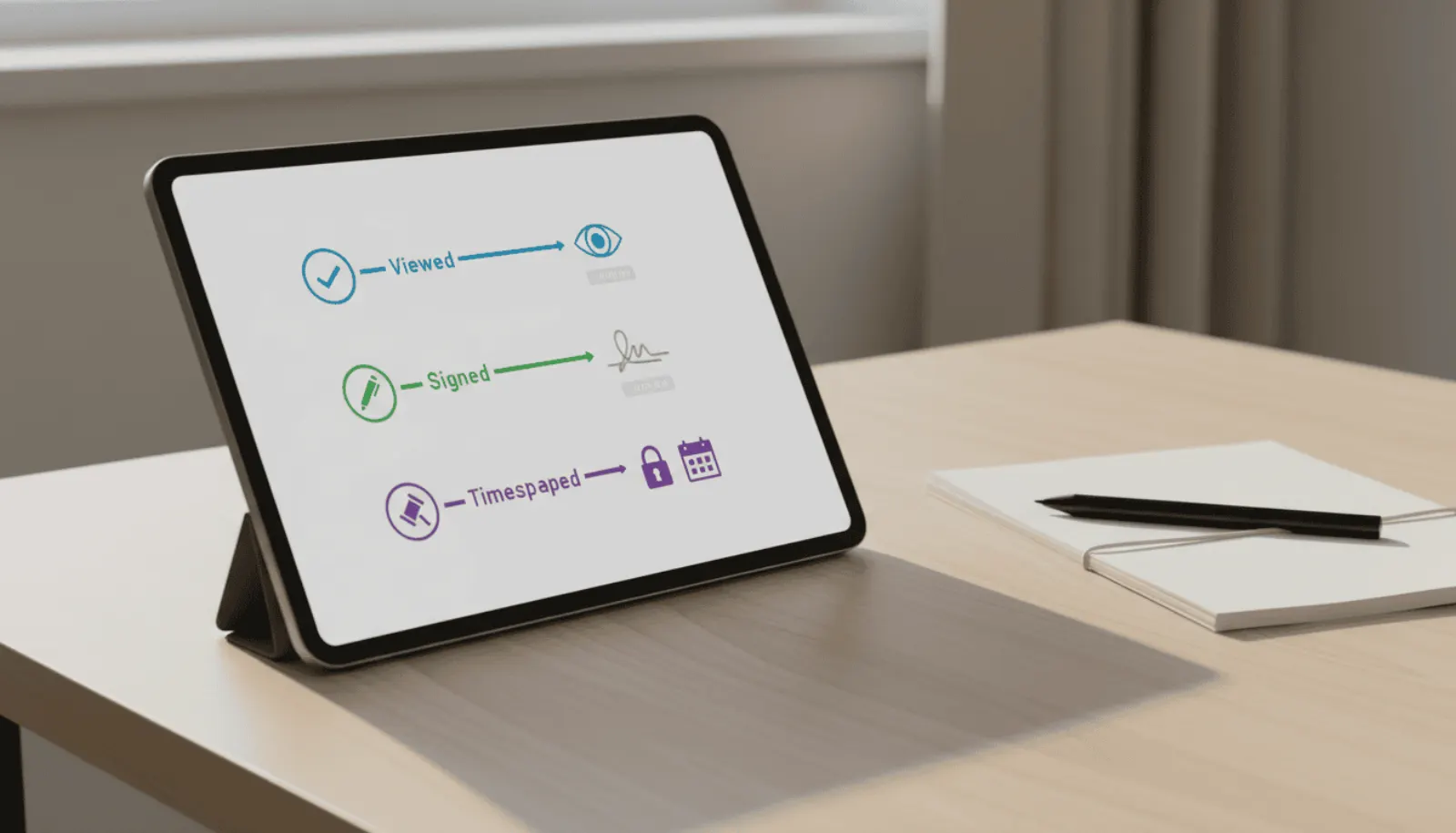 A digital document timeline showing viewed, signed, and timestamped events in an e-signature audit trail