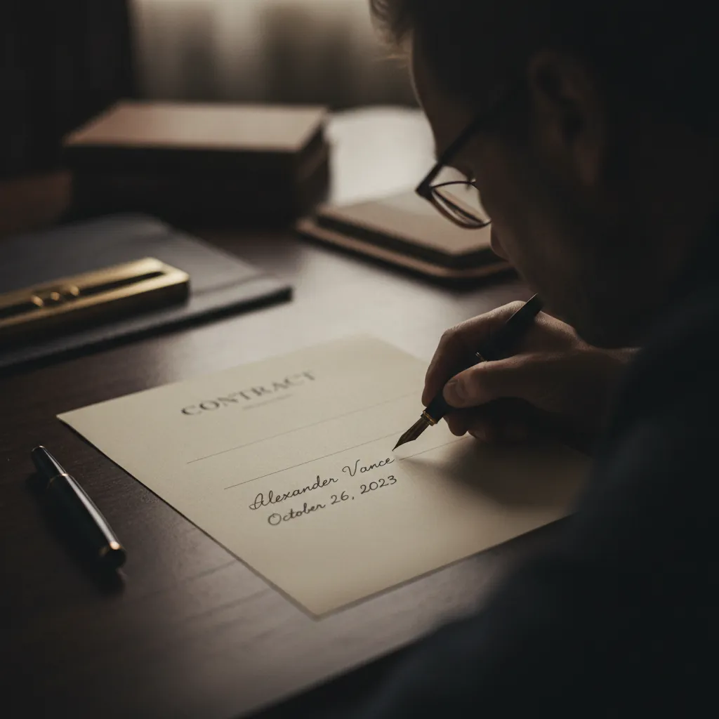 Close-up of a legal document with multiple signature lines, some filled, some blank, on a polished wooden desk.