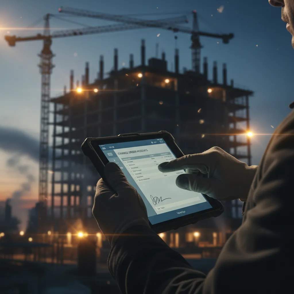 Digital tablet displaying a signed change order document on a construction site