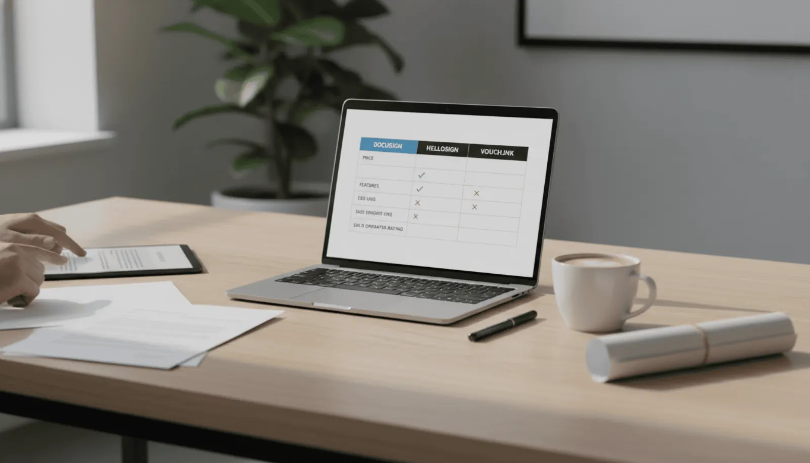 Laptop showing a side-by-side e-signature tool comparison table on a clean desk