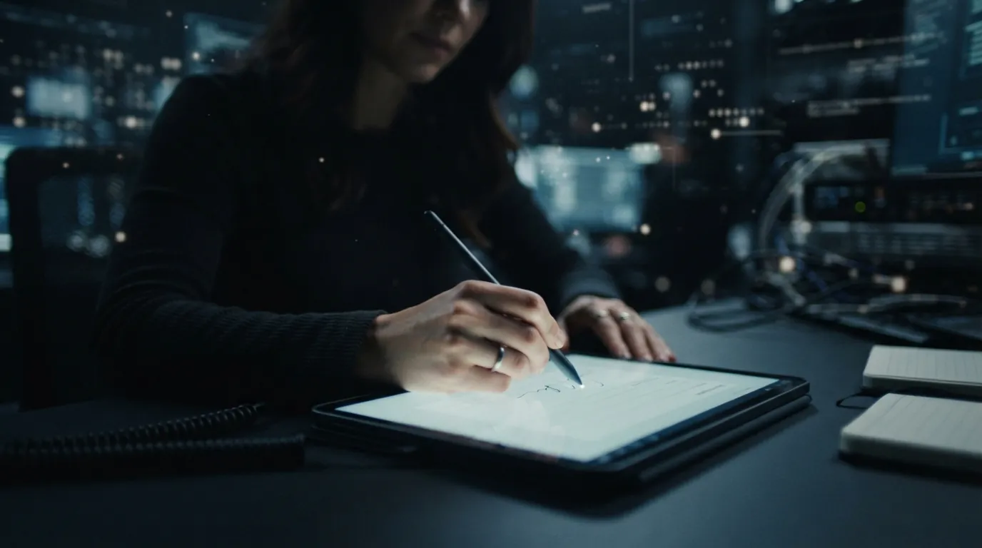 A person signing a document on a tablet with a stylus, with a subtle background showing abstract digital elements.