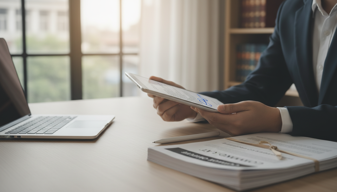 Business professional reviewing an e-signed contract on a tablet in a legal and professional setting