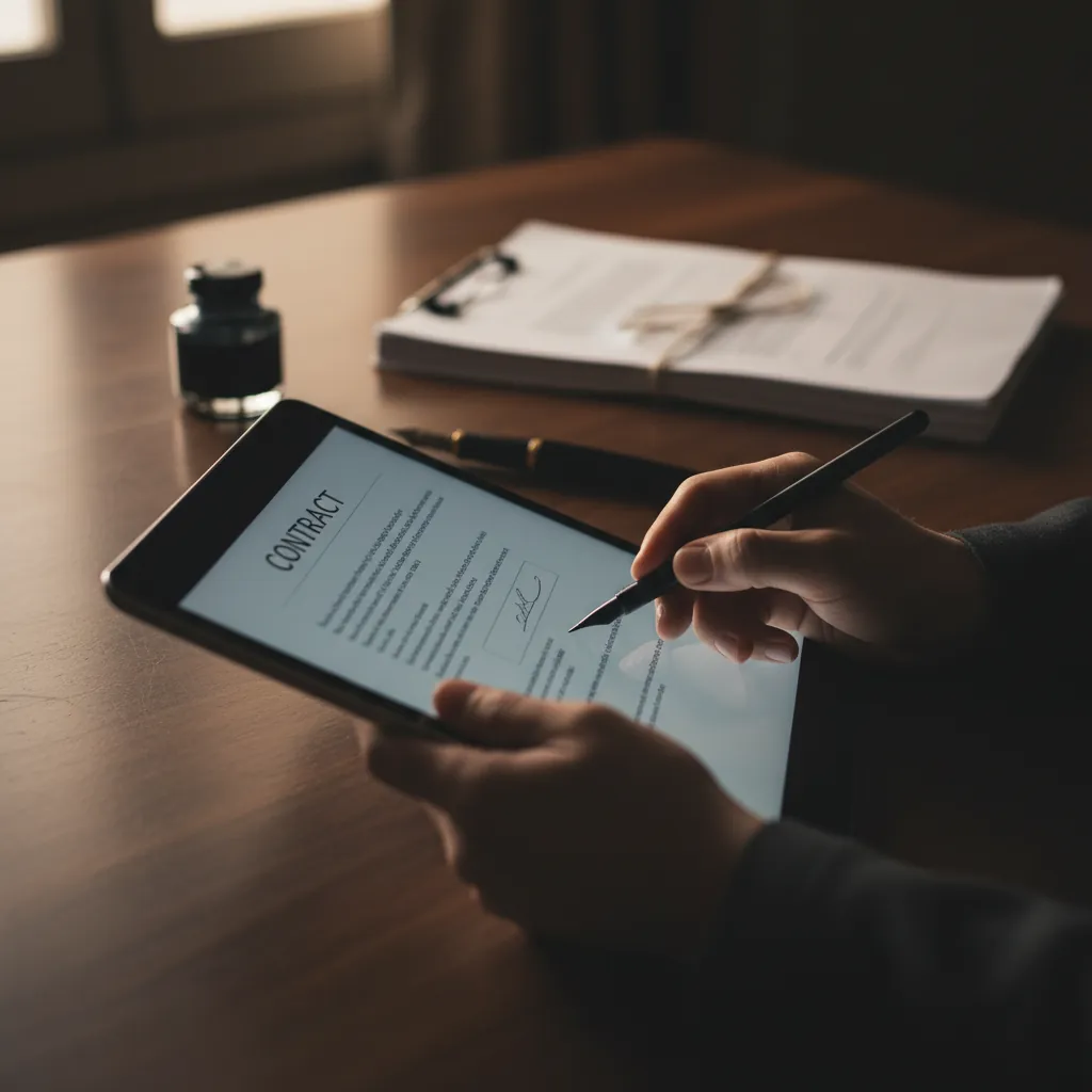 Close-up of a hand signing a digital tablet with a stylus next to a stack of paper documents and a pen.
