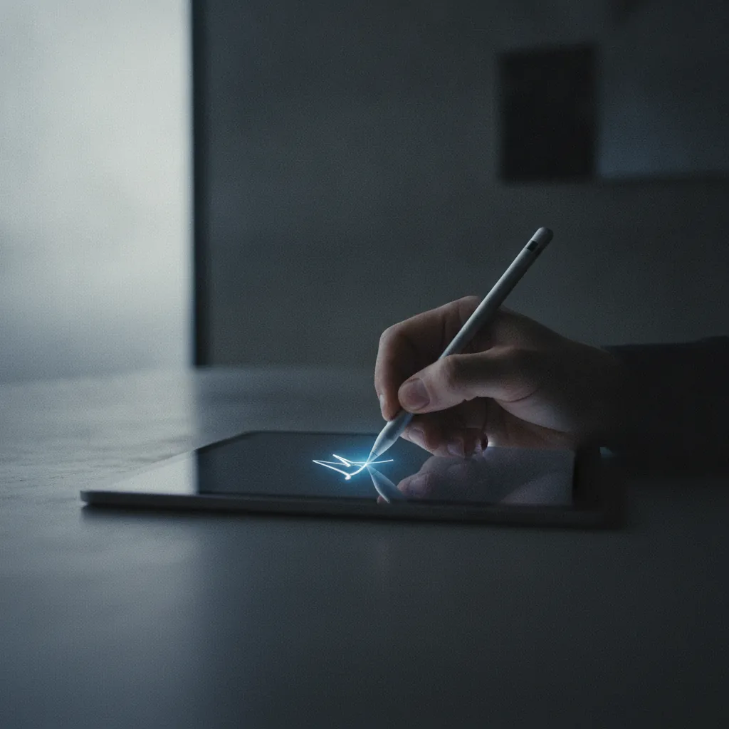 Close-up of a tablet screen displaying a document with a digital signature field, a stylus resting beside it on a polished wooden desk.