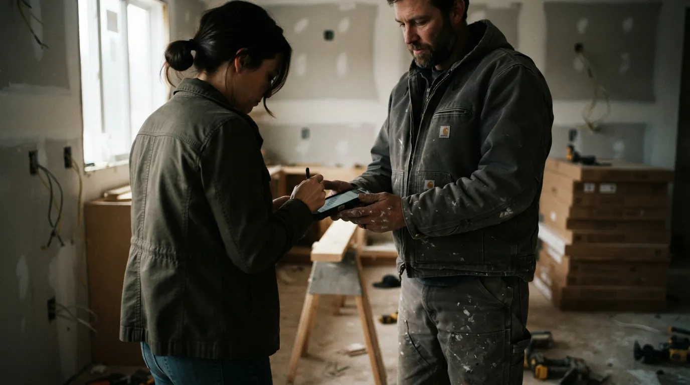 A contractor holds a phone out to a homeowner in a partially remodeled kitchen so she can sign a change order on the screen