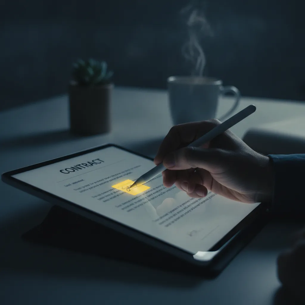 Close-up of a digital tablet screen displaying a PDF document with highlighted signature fields ready for input.