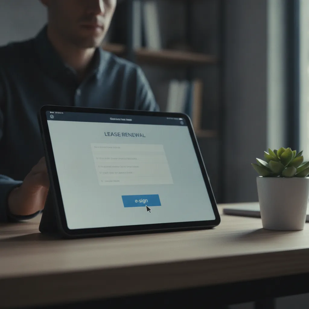 Close-up of a tablet screen displaying a lease renewal document with a digital signature field, next to a houseplant on a wooden desk.