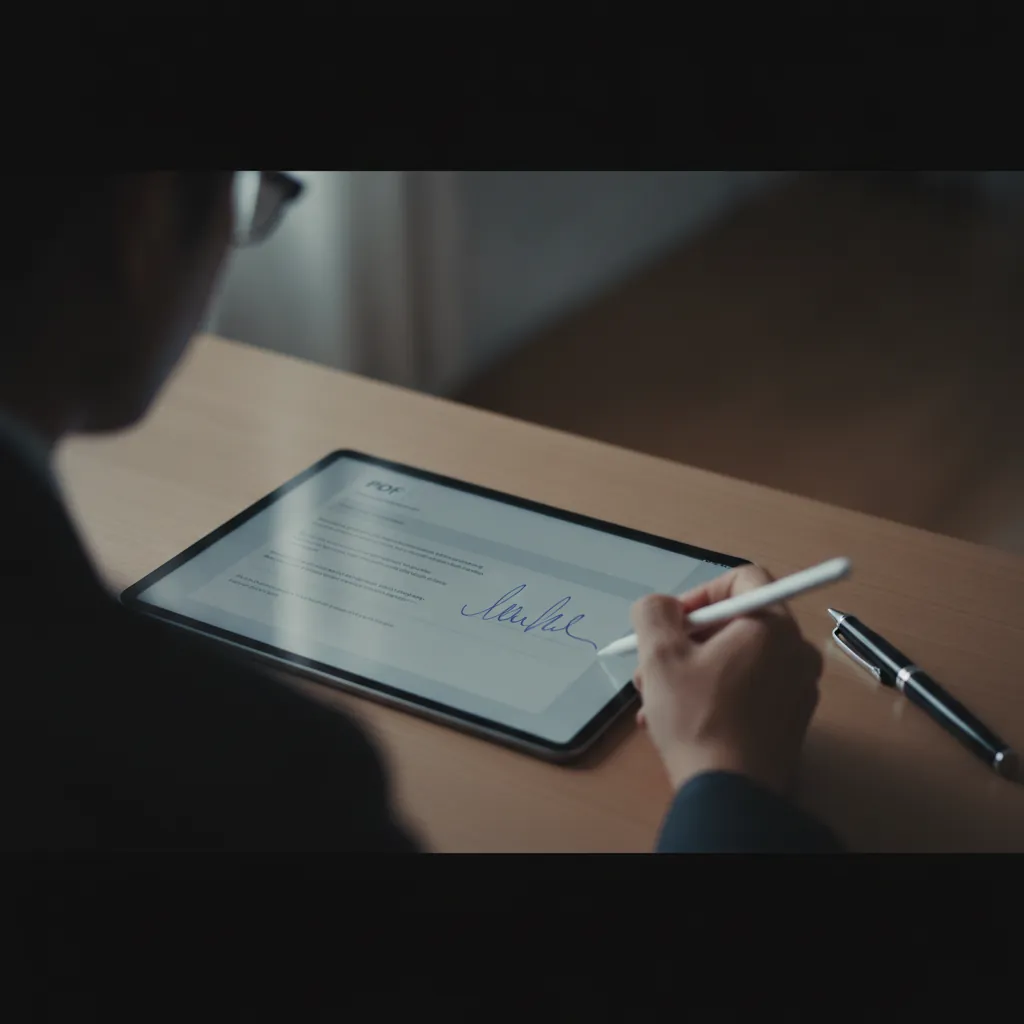 Close-up of a hand using a stylus to sign a digital document on a tablet screen