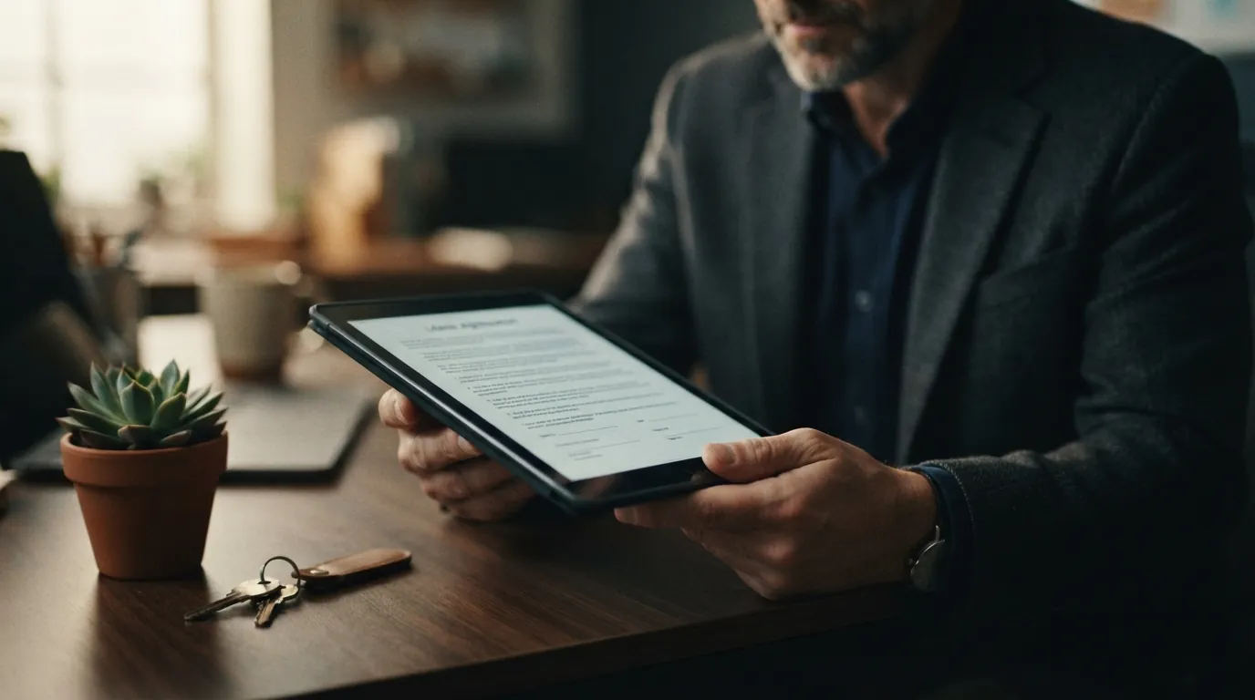 A landlord reviewing a digital lease agreement on a tablet, with a key set and a house plant on a desk.
