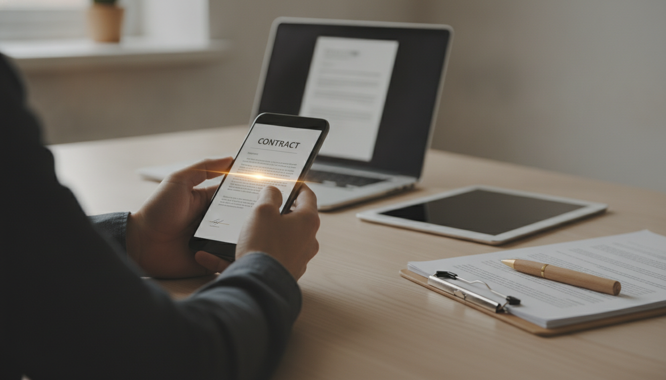 Person signing a PDF contract on an Android smartphone with a highlighted signature field