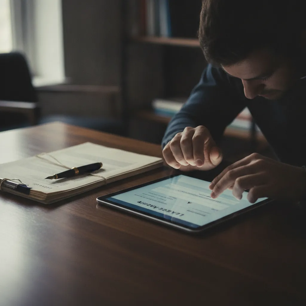 Close-up of a tablet screen displaying a digital lease addendum with an e-signature field, next to a pen and a stack of paper documents.
