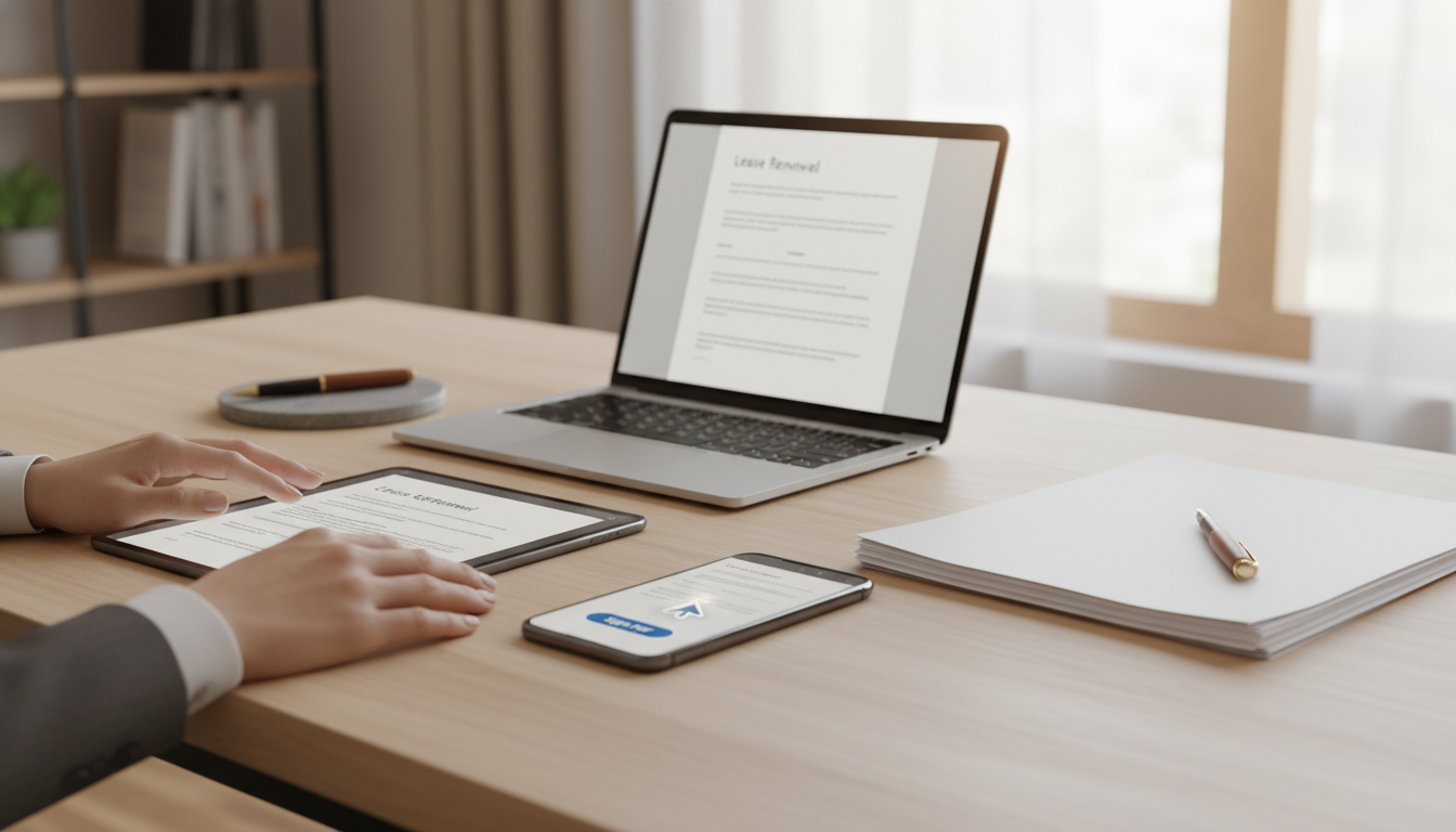 Landlord reviewing a lease renewal document at a home office desk with e-signature workflow on screen
