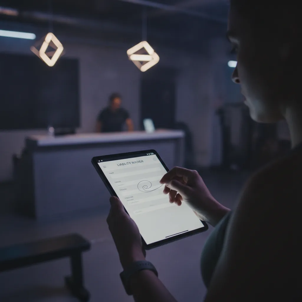 Tablet displaying a digital liability waiver form on a gym's front desk, with a blurred background of fitness equipment.