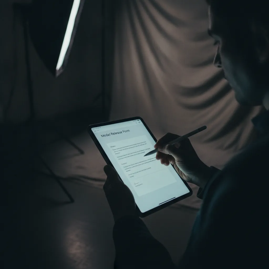 Close-up of a photographer's hand holding a tablet displaying a model release form with a signature field, on a blurred studio background.