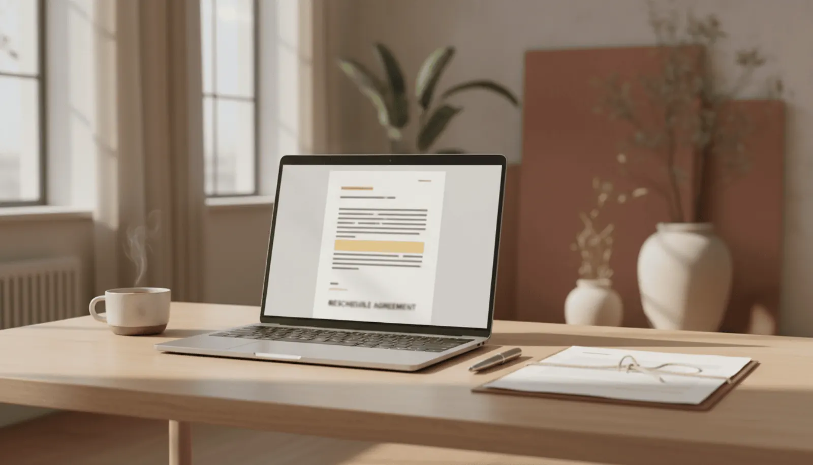 Wedding photographer reviewing a rescheduling clause in a digital contract on a laptop