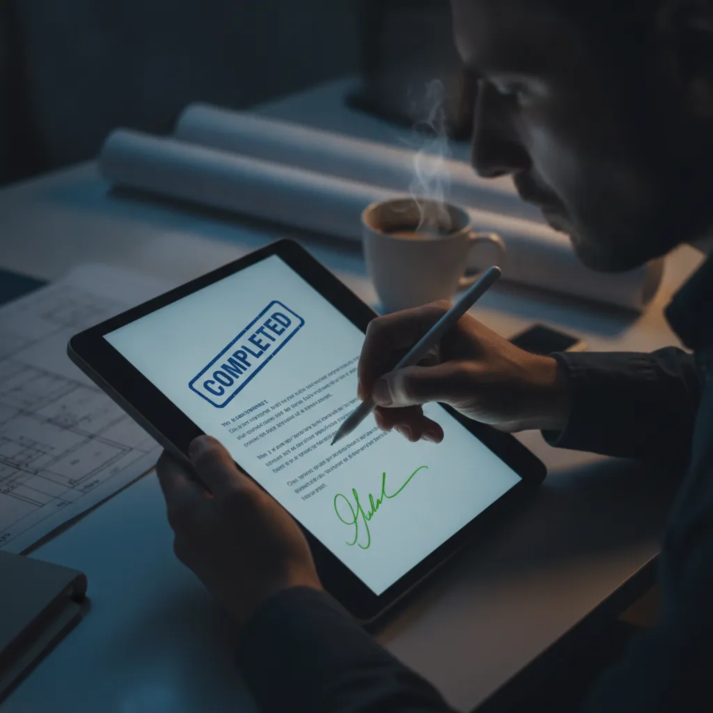 Close-up of a hand signing a digital certificate on a tablet screen, with a blurred background of a finished architectural drawing.