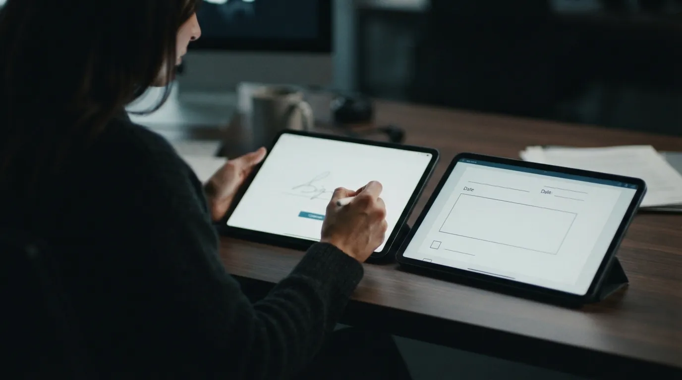 Two digital tablets side-by-side displaying different e-signature interfaces