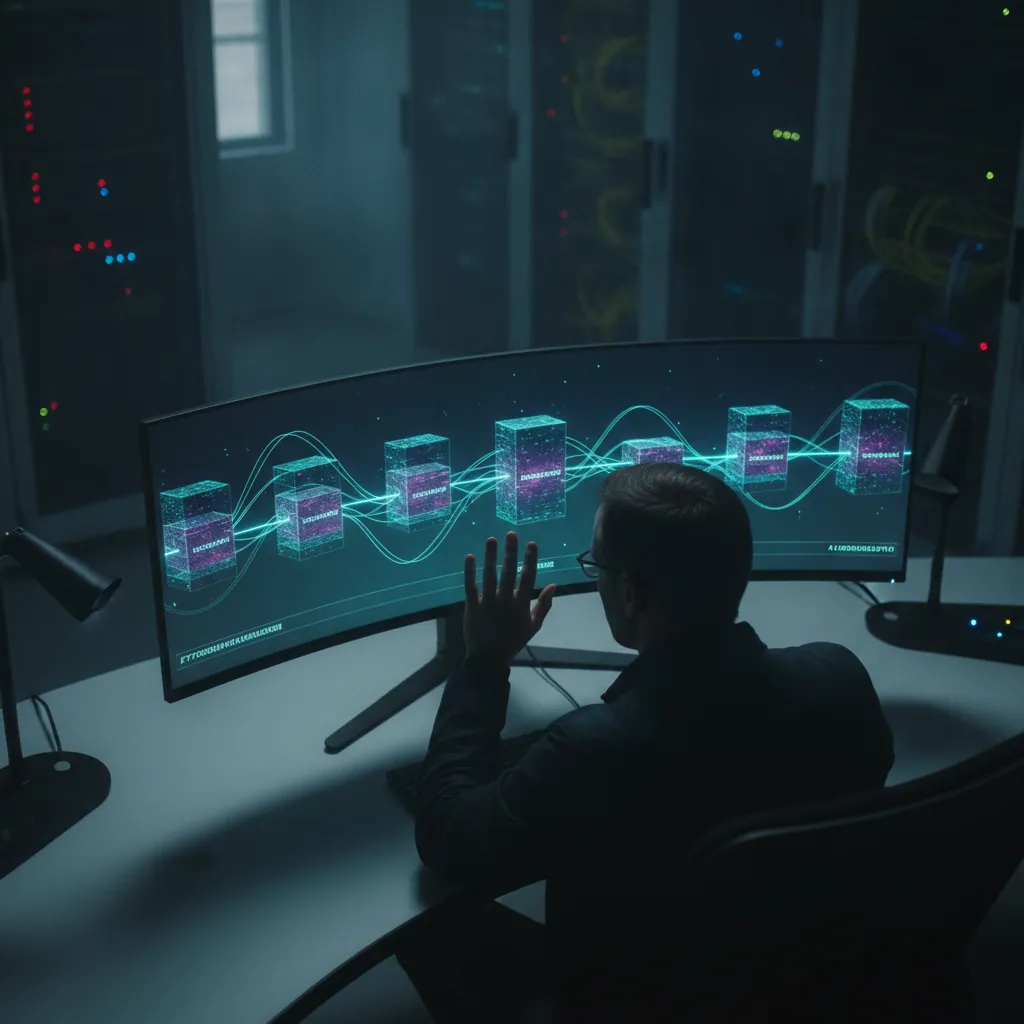 Close-up of a digital ledger display showing interconnected blocks with cryptographic hashes, symbolizing an audit trail.